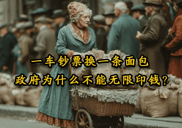 一车钞票换一条面包:象征魏玛德国恶性通胀的画面,揭示政府滥发货币导致货币贬值的后果。