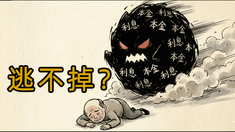 债务周期视频封面：展示被“本金”和“利息”组成的黑色怪兽压垮的债务人（老王），寓意逃不掉的明斯基时刻